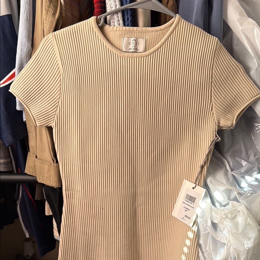 Cream Ribbed Fitted Short Sleeve Tee